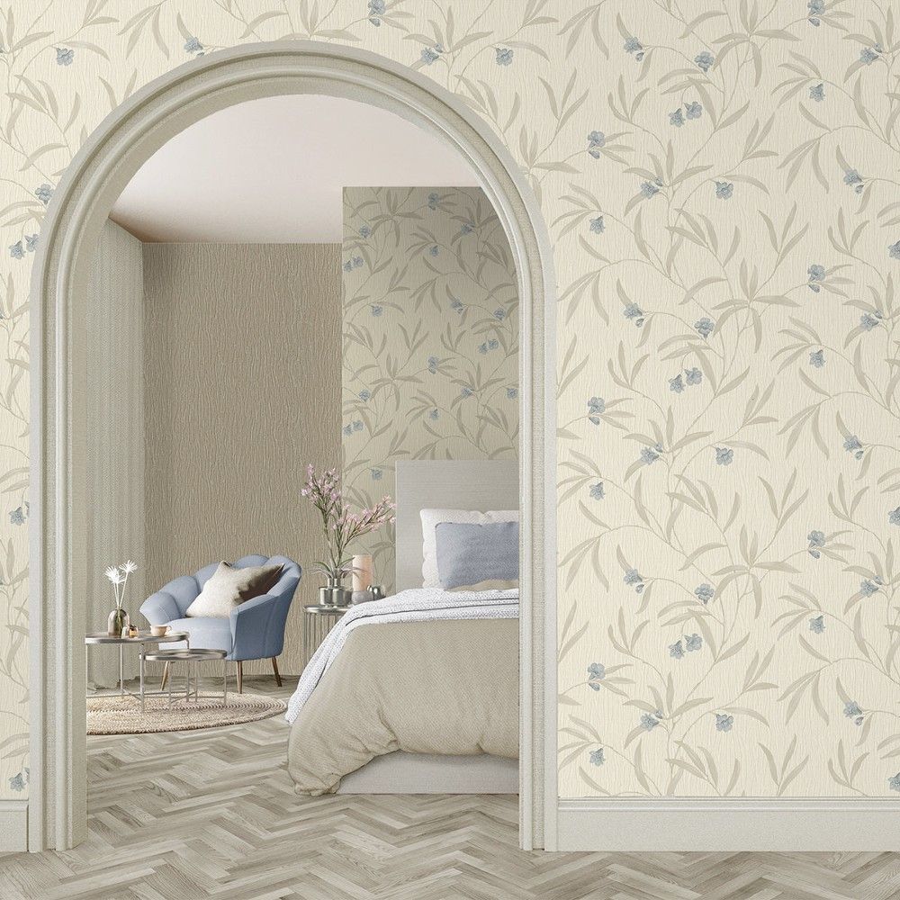 Tiffany Floral Cream & Soft Blue Luxury Italian Vinyl Wallpaper 41333